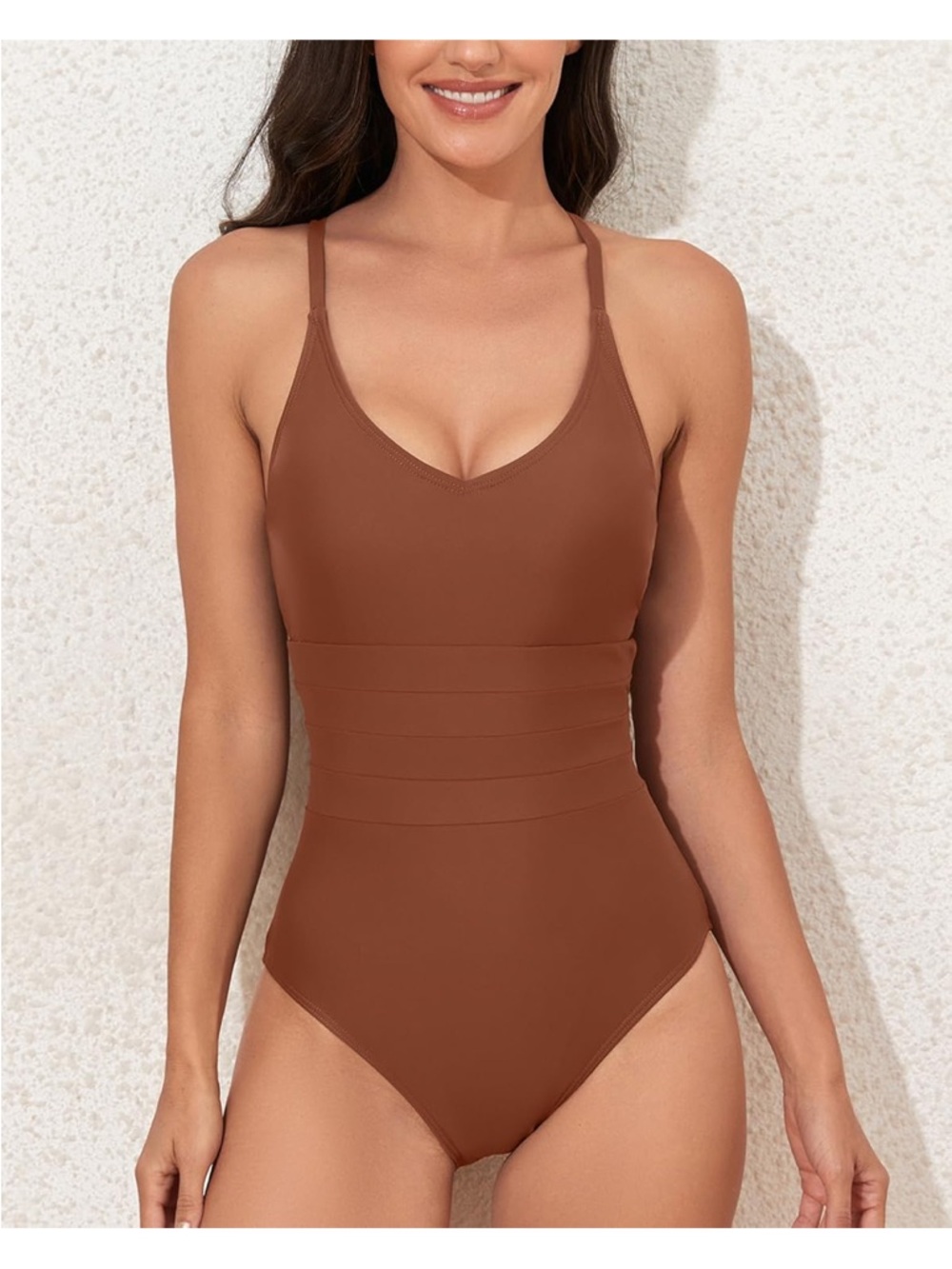 Sleek Brown One-Piece Swimsuit with Waistband Detail cross over spaghetti straps